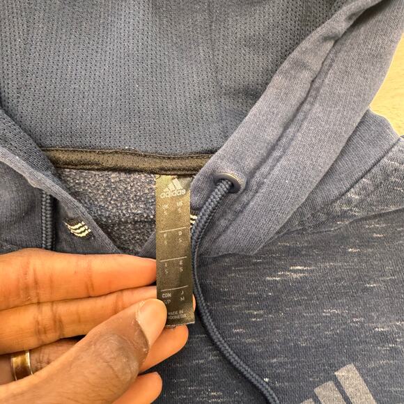 Adidas Navy Blue White Men S‎ Striped Cuffs Logo Sweatshirt Heather Hoodie - Picture 5 of 9